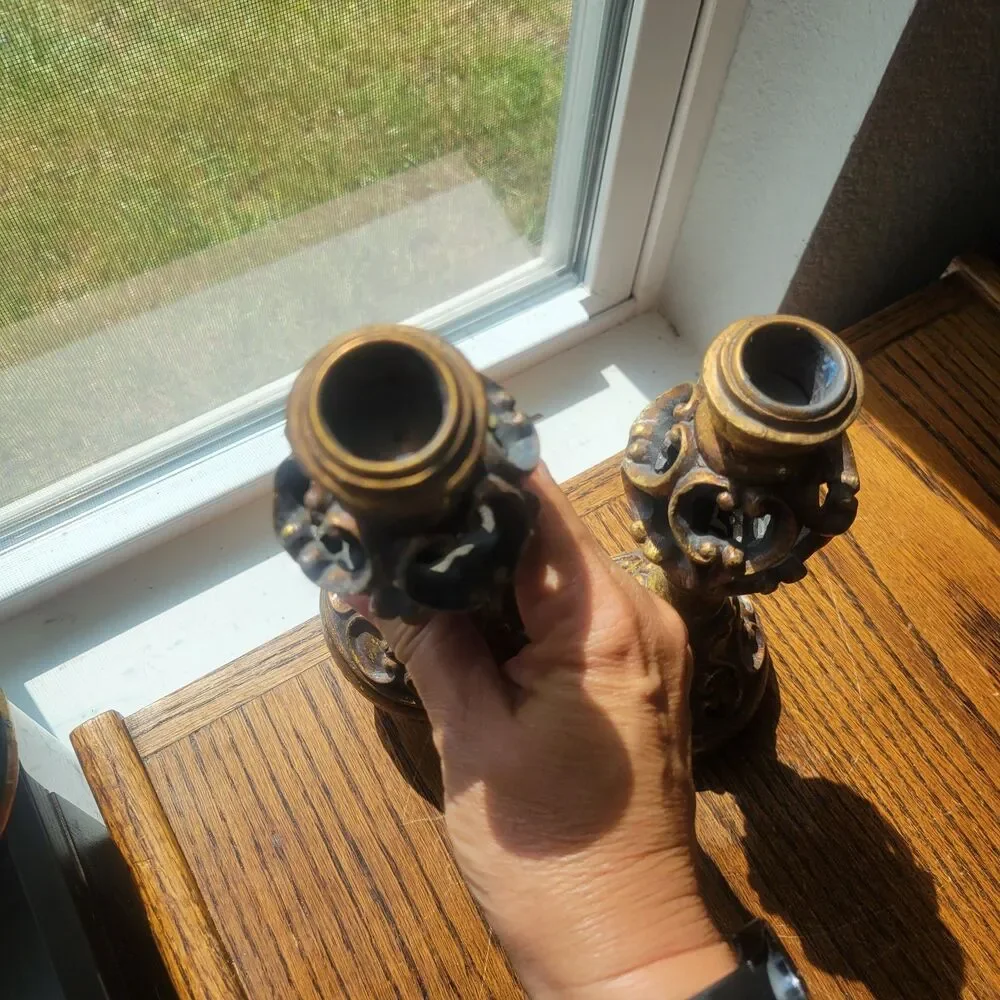 Ornate Candle Scroll Holder Gold Tone  Beige Resin 8 Inches Tall Par Lot Of 2 VG